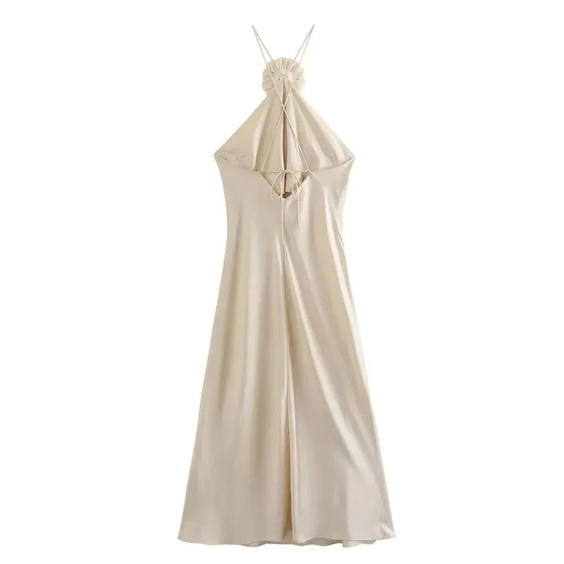 Flower Halter Dress Woman Off Shoulder Satin Long Dress Women - Norellé