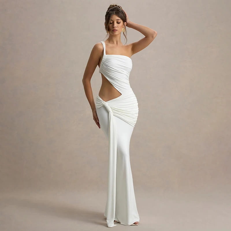 Women’S Solid Color One Shoulder Hollow Out Backless Dress