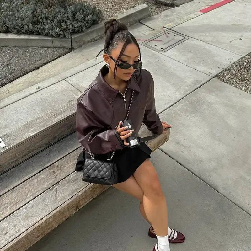 Vintage Wine Red Loose Short Leather Jacket Women