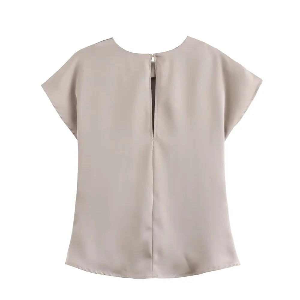 Women's Fashion Casual Round Neck Short Sleeve Silk Texture T-shirt Top High Waist Pants Set