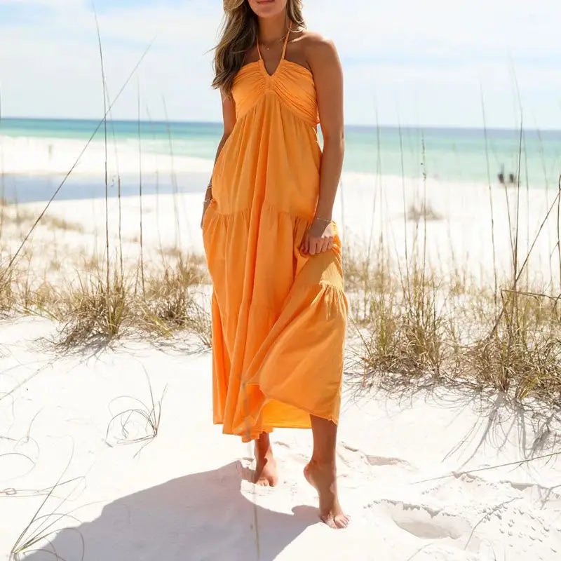 Women Summer Lace-up Halter Neck Casual Ruffle A-line Long Dress - Norellé