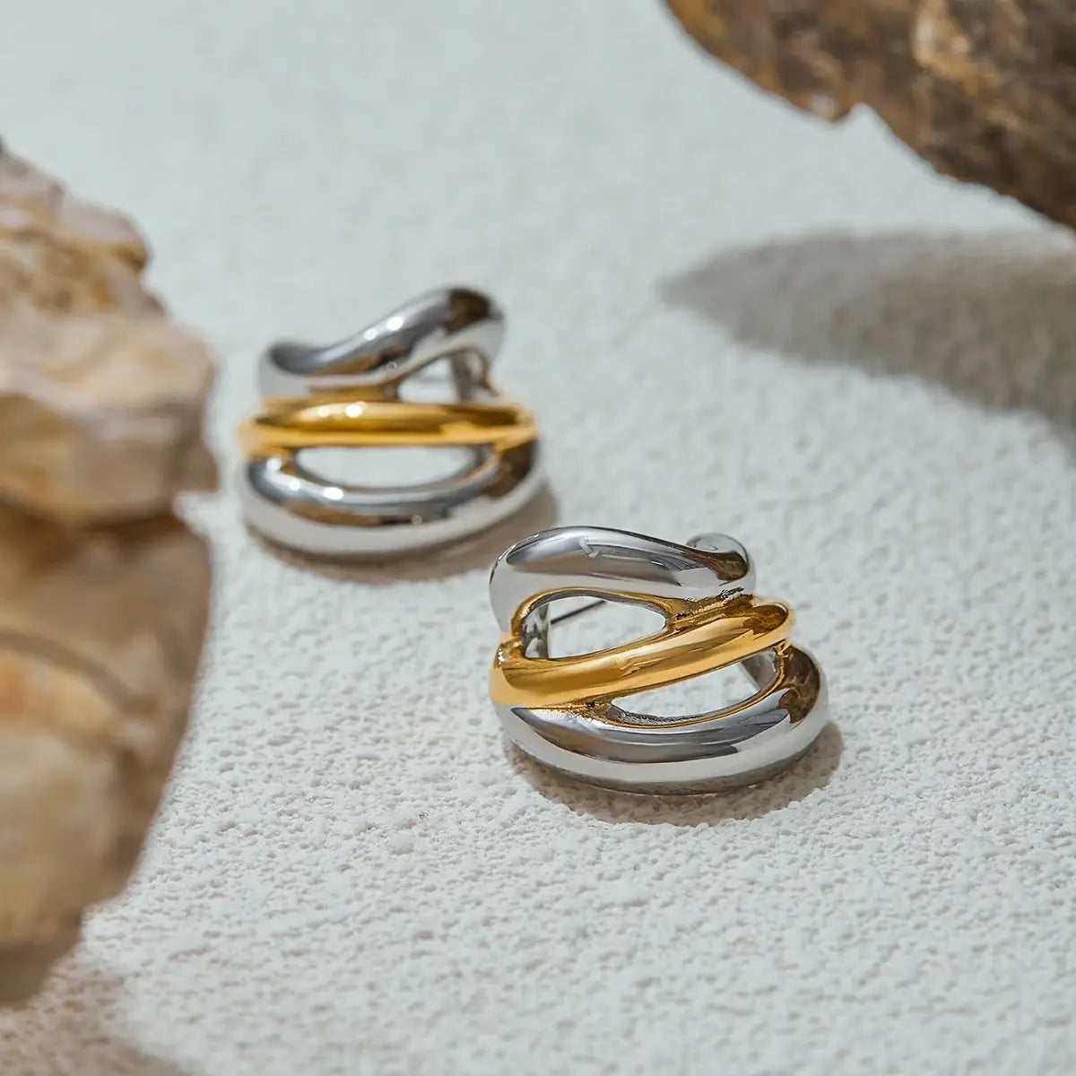 Plated Stainless Steel Double Color Irregular Hollow Line Ears Studs