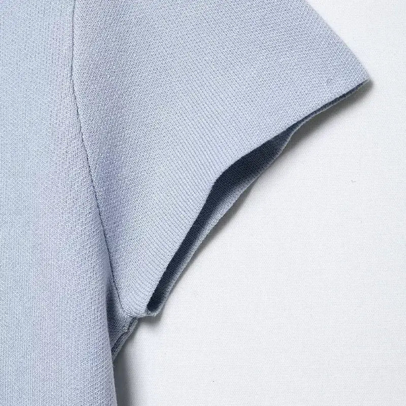 Women Fashion With Pearls Blue Knitted Pullover Sweater Vintage O-Neck Short Sleeves