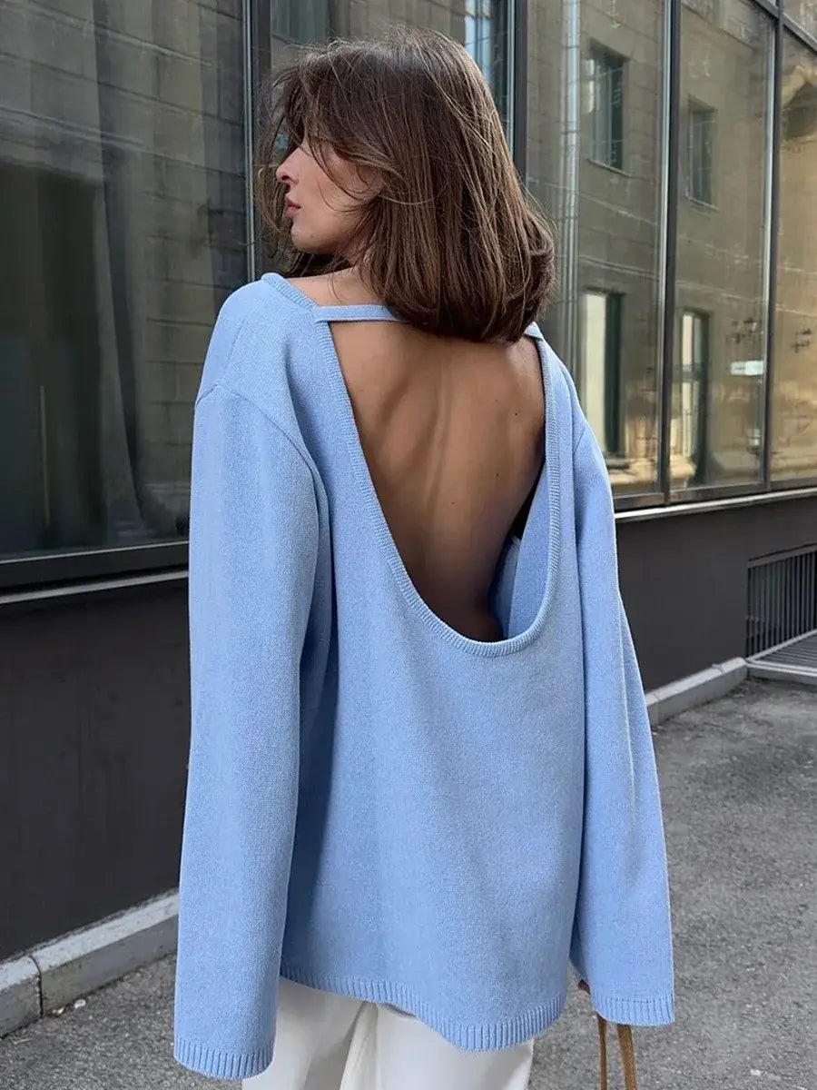 Backless O-neck Cotton Knit Sweater