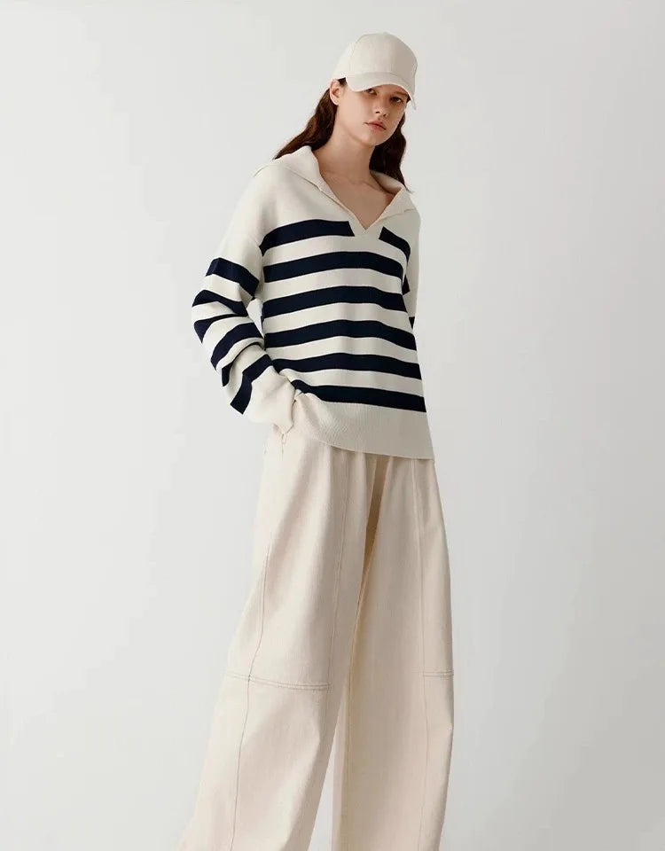 Loose Navy Collar Striped Cashmere Sweater