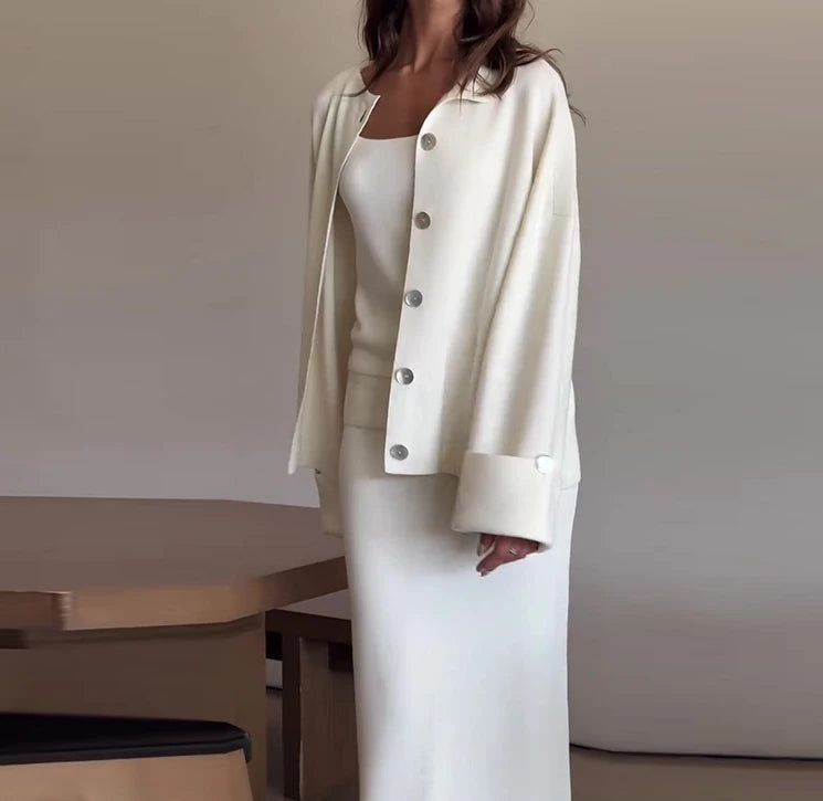 Women’s Clothing Solid Color Knitted Cardigan + Dress Elegant 2-Piece Sets for Women