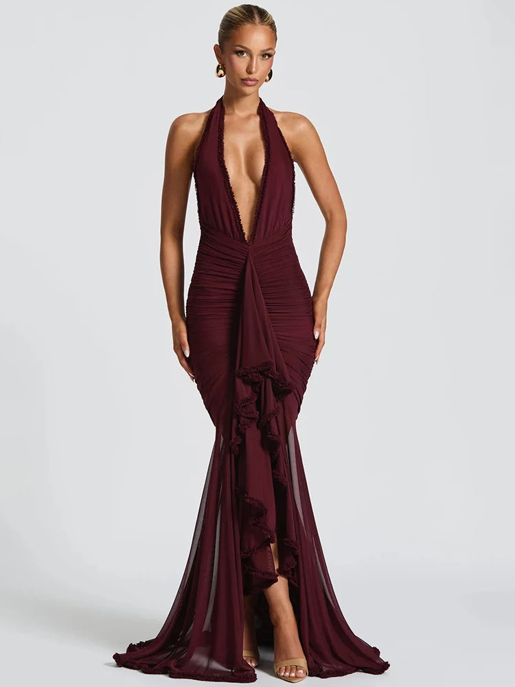 Elegant Halter Deep V Neck Maxi Dress Women - Norellé