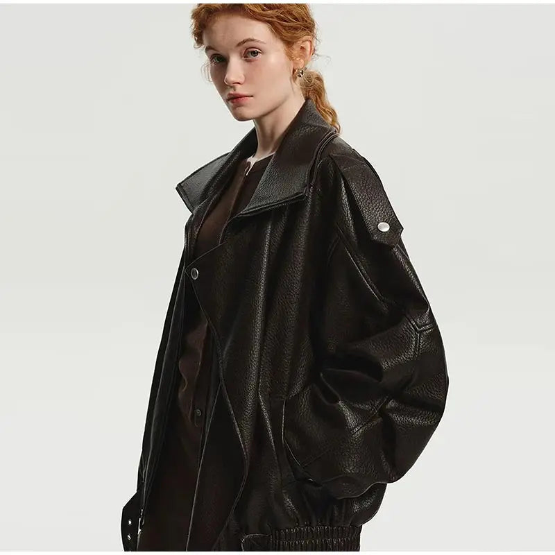 Street Lapel Zipper Leather Jacket Woman