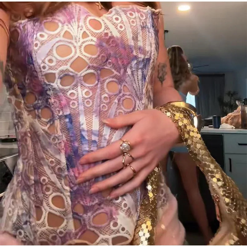 Hollow Out Women Sleeveless Backless Bandage Pleated Top