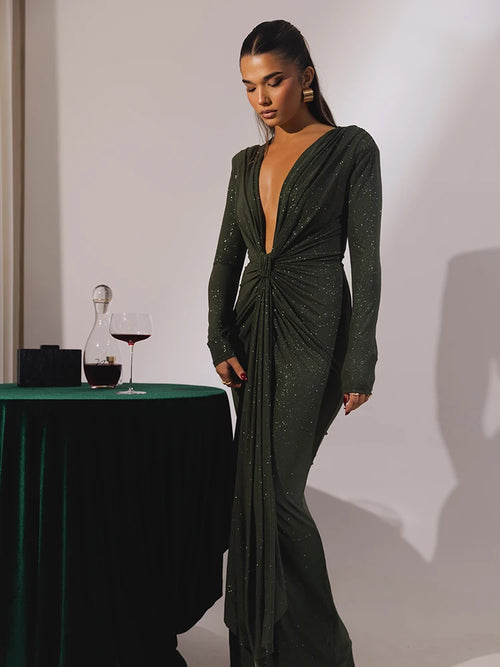 Glitter Deep V Neck Maxi Dress For Women Elegant Sparkle - Norellé