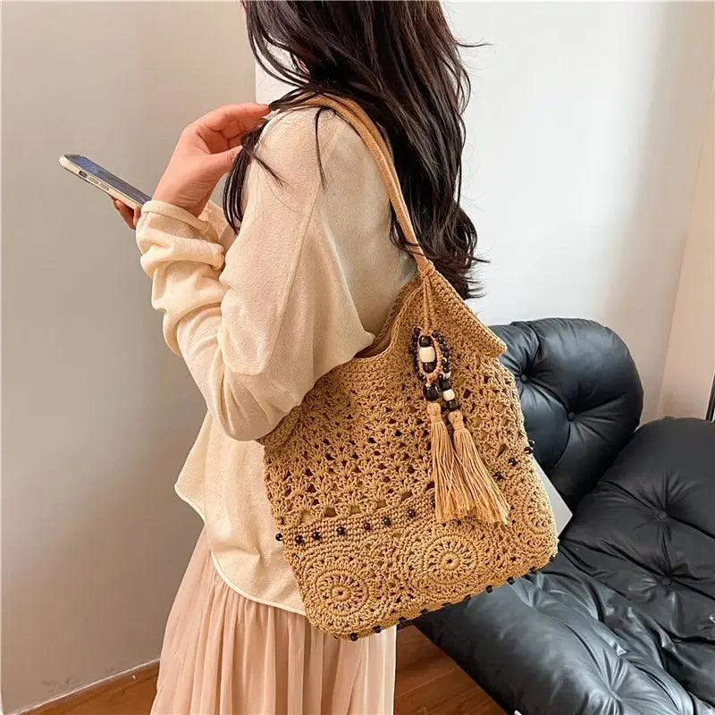 Weave Handbag Large Capacity Shoulder Bag Hollow out Tote