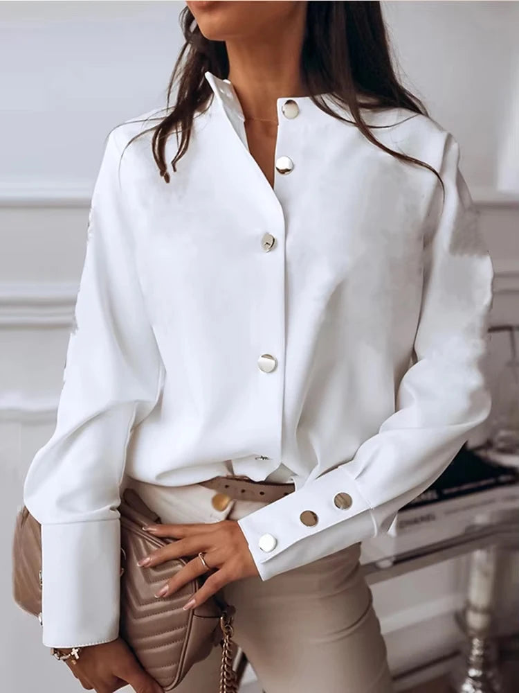 White Shirt Casual Stand Collar Long Sleeve