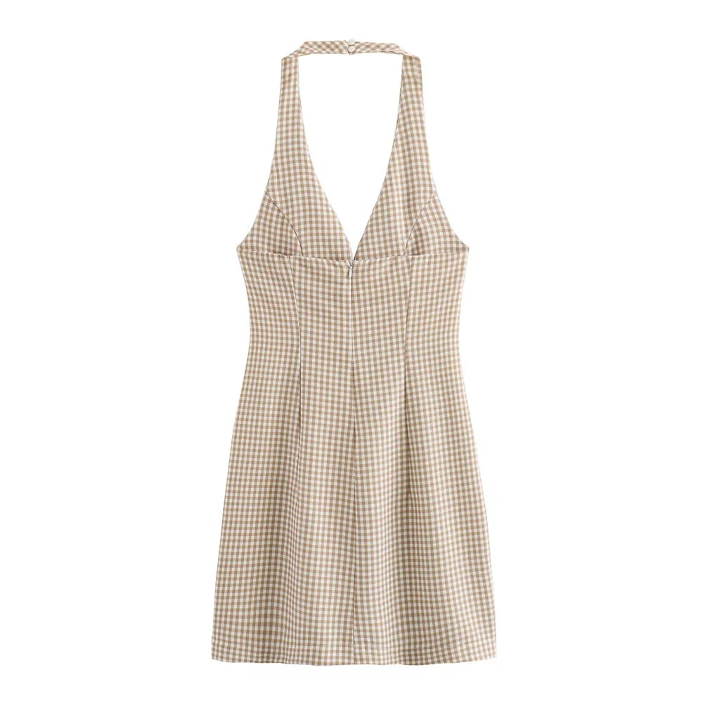 Women's Fashion and Elegance Slim Fit Open Back Small Plaid Hanging Neck Dress - Norellé