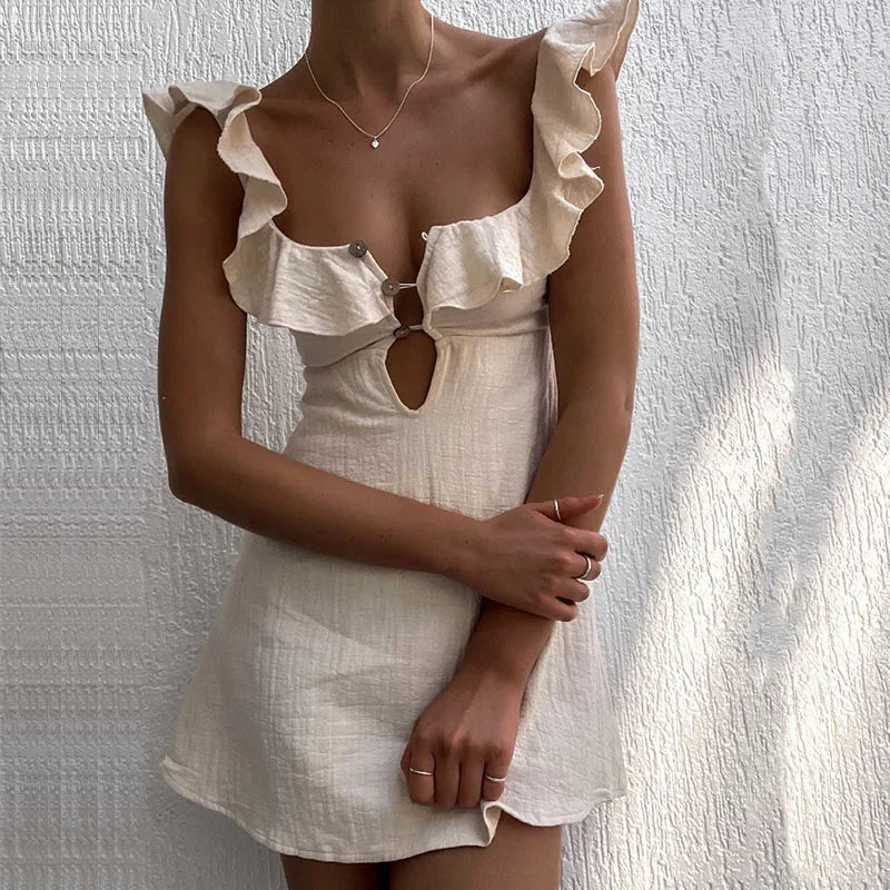 Hollow Out Button Ruffles Short Dress - Norellé