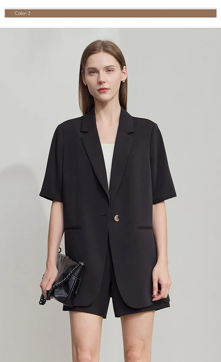 Lapel Contrast Material Patchwork One Button Short Sleeve Blazer