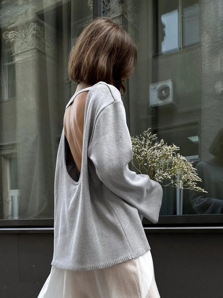 Backless O-neck Cotton Knit Sweater