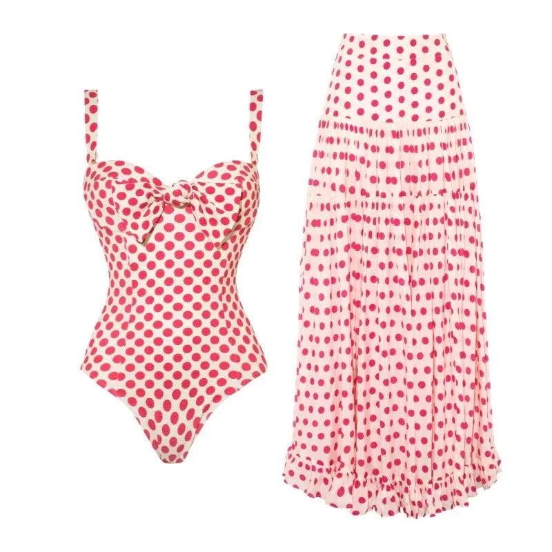 Strapless Polka Dot Printed Swimsuit Set for Women
