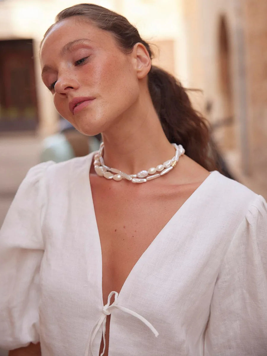 100% Cotton V-neck Lace Up Short Sleeved Skirt Set