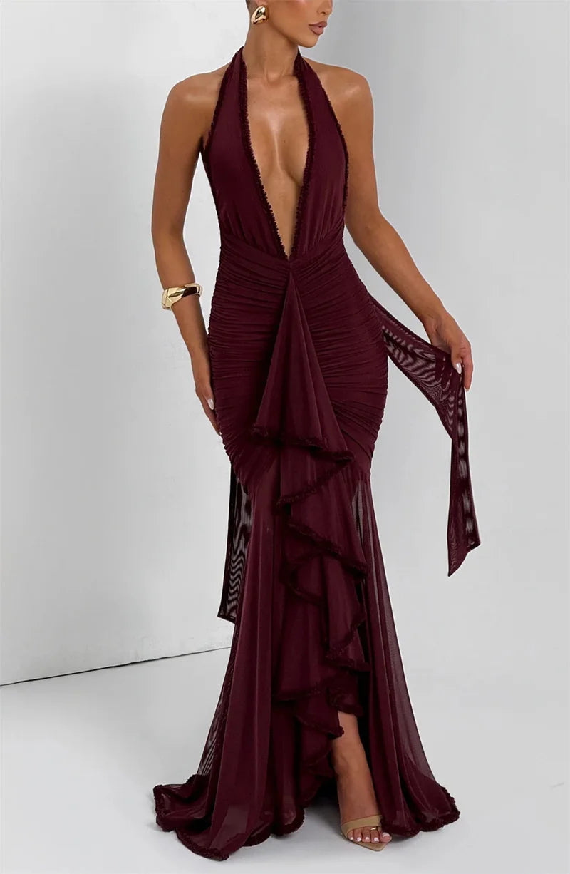 Elegant Halter Deep V Neck Maxi Dress Women