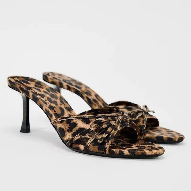 High Quality Women Shoes Bow Knot Leopard Print Heel