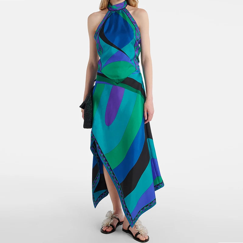 Vintage Lace Up Backless Halter Tops&Irregular Half Skirt 2 Piece