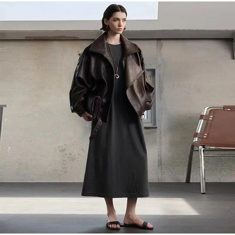 Street Lapel Zipper Leather Jacket Woman