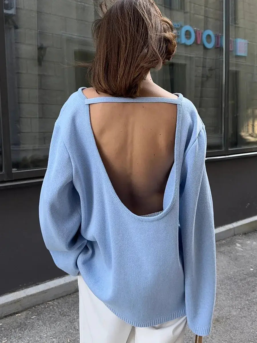 Backless O-neck Cotton Knit Sweater