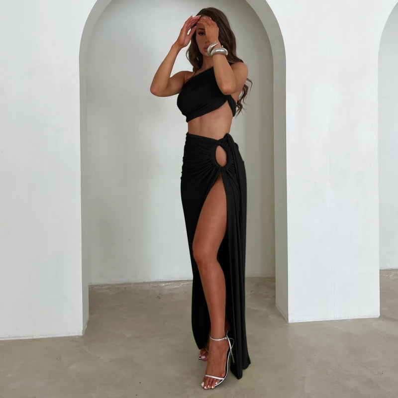 Women Summer 2 Pieces Outfits Solid Color Oblique Shoulder Sleeveless - Norellé