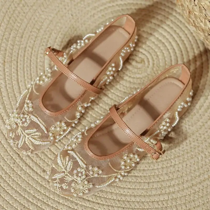 White Pearl Decoration Mesh Embroidery Ballet Flats