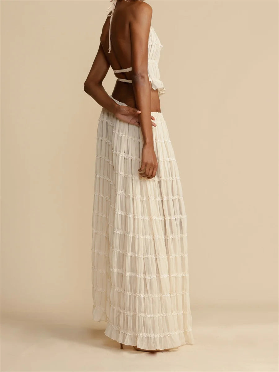 Fashion Solid Halter Neck Long Skirt Suit Women