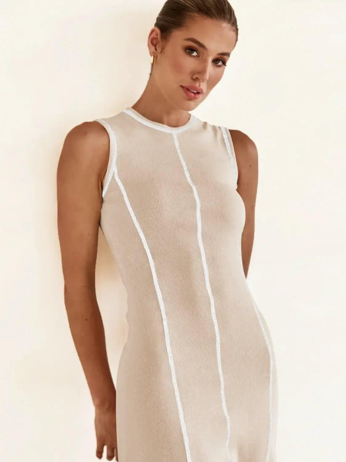 Women Clothing Knitted Long Skirt Simple Round Neck Sleeveless Female Vestidos