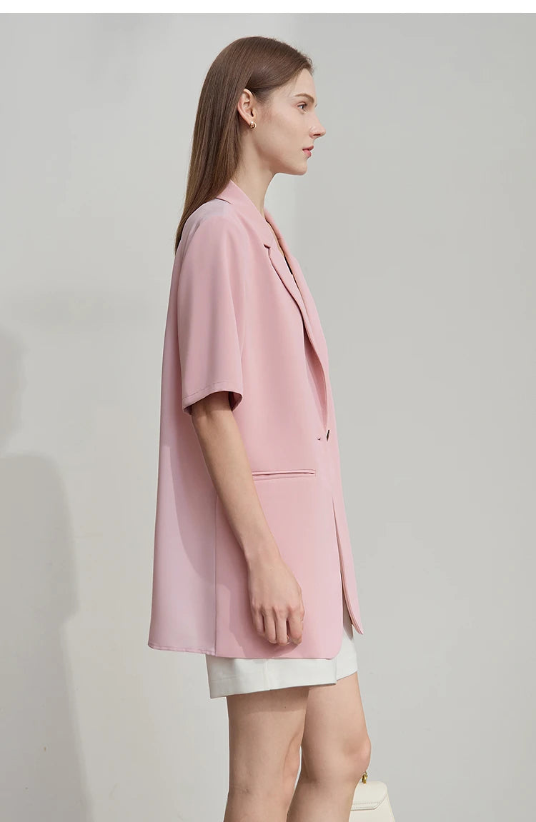 Lapel Contrast Material Patchwork One Button Short Sleeve Blazer