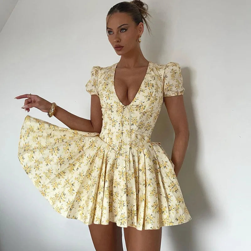 Elegant Puff Sleeve Corset Floral V Neck Mini Dress - Norellé