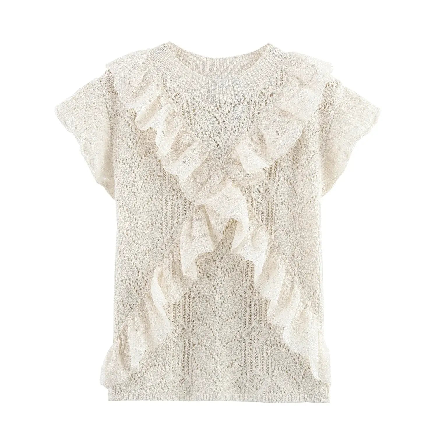 Women’s Hollow Out Knit Blouse Ruffled Round Neck Short Sleeves