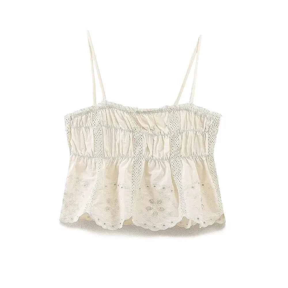 Women's Casual Elegant Embroidered Strap Top&Lace Shorts Set