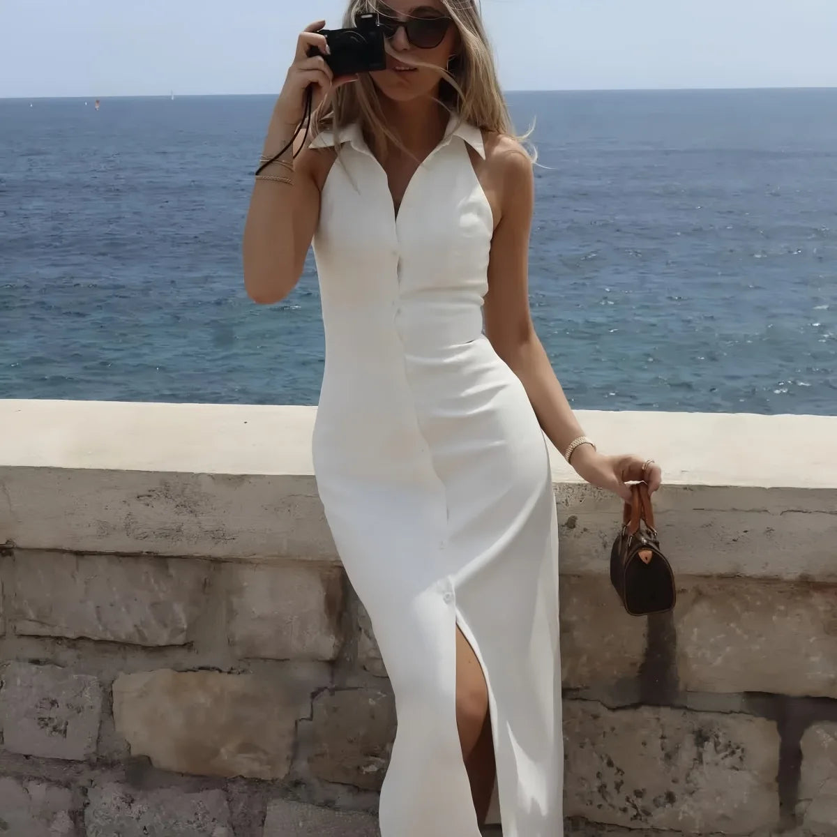 Women Button Up White Sleeveless Maxi Dress