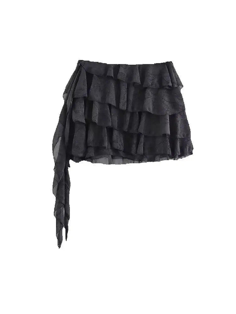 Asymmetric Mini Skirt for Women Ruffled Design Mid-Waist Side Zipper