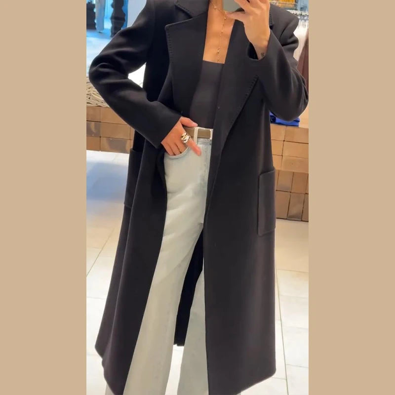 Women’s Overcoat Turn-down Collar Full Sleeve Belt Lace Up Black Long