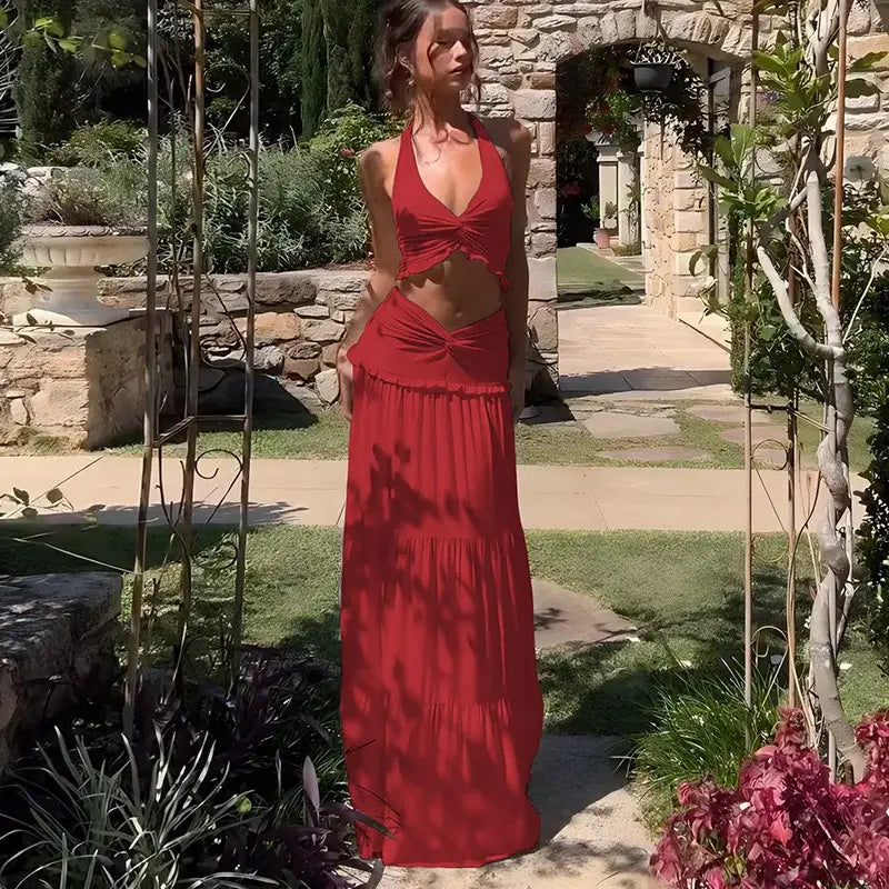 Elegant Two Piece Sets Sleeveless Frill Halter Twist Top Dress