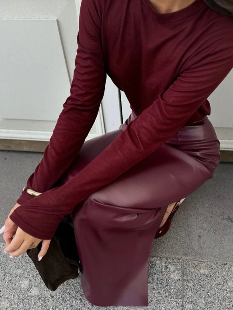 Elegant Burgundy Skirt High Waist Slim Fashion Slit Long - Norellé