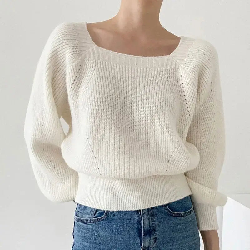 Elegant Square Neck Retro Casual Women Knitted Sweater