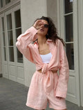Women's Casual Shorts Sets 100% Cotton Solid Color Cozy Lapel - Norellé