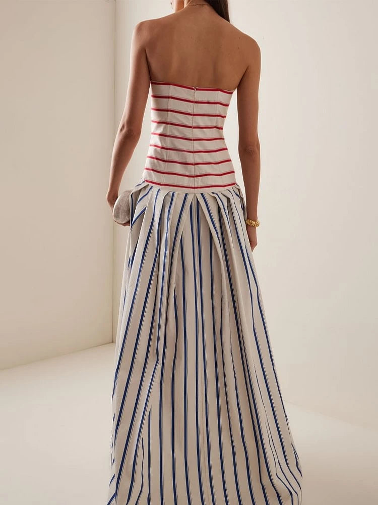 Bandeau Striped Print Sling Maxi Dress Summer Off The Shoulder - Norellé