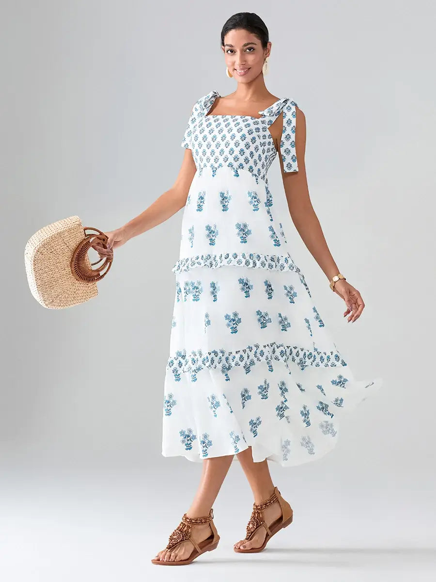 Flower Print Tie Strap Swing Dress Women A-Line Square Neck