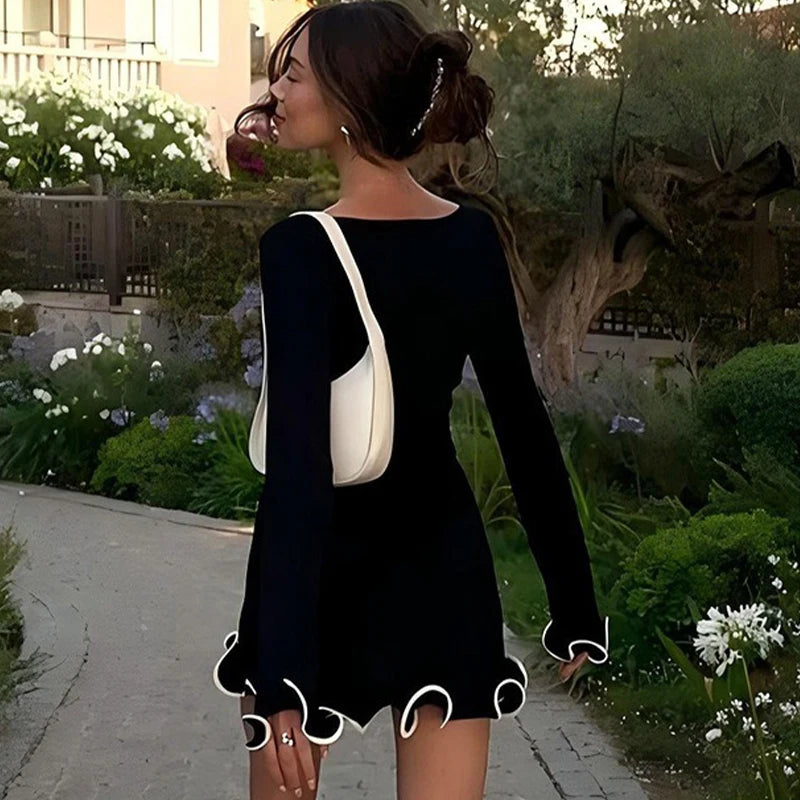 Women Dress Elegant Round Neck Pleat Long Sleeve New Casual Slim - Norellé