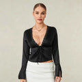 Women Basic Long Sleeve Lace Trim Deep V Neck Shirt