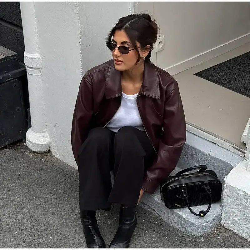 Retro Wine Red Pu Leather Short Jacket Women