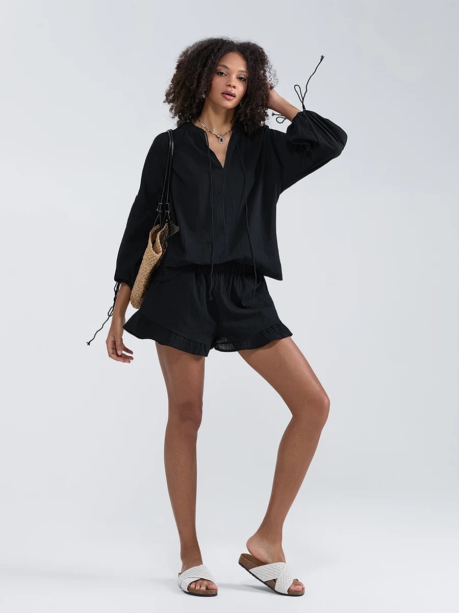 Casual Women Outfit Long Sleeve V-Neck Top with Tie-Up Detail and Elastic Waist Shorts Set