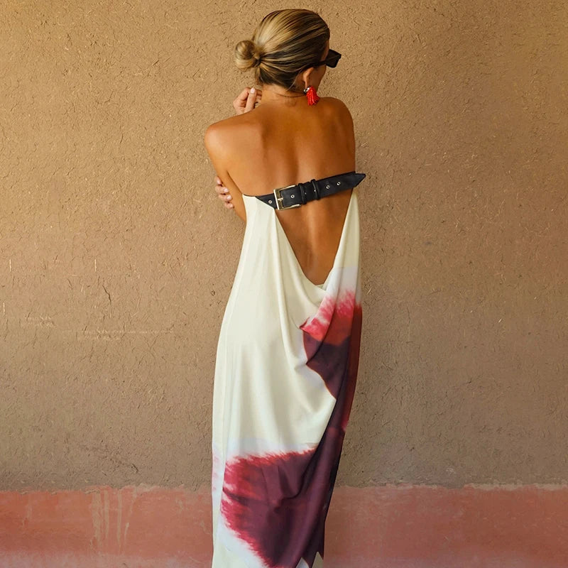 Strapless Print Floral Belt Women Maxi Dress Yellow - Norellé
