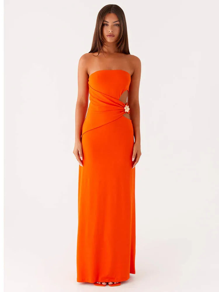 Hollow Out Off-shoulder Maxi Dress Women Fashion Metal Flower Strapless Sleeveless Backless - Norellé